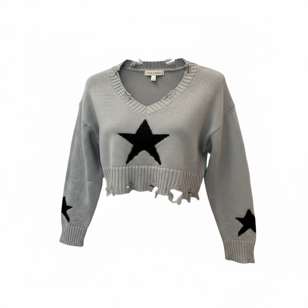 Chic V-Neck Sweater with Black Star Accents